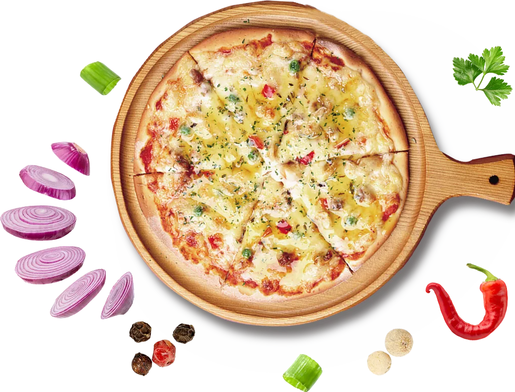 Pizza on a wooden board with fresh toppings